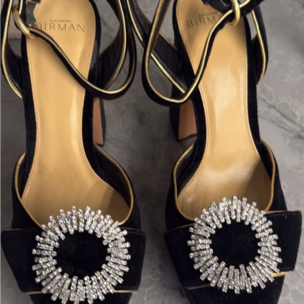 Alexandre Birman Black and Gold Heels with Crystal Embellishment size 39